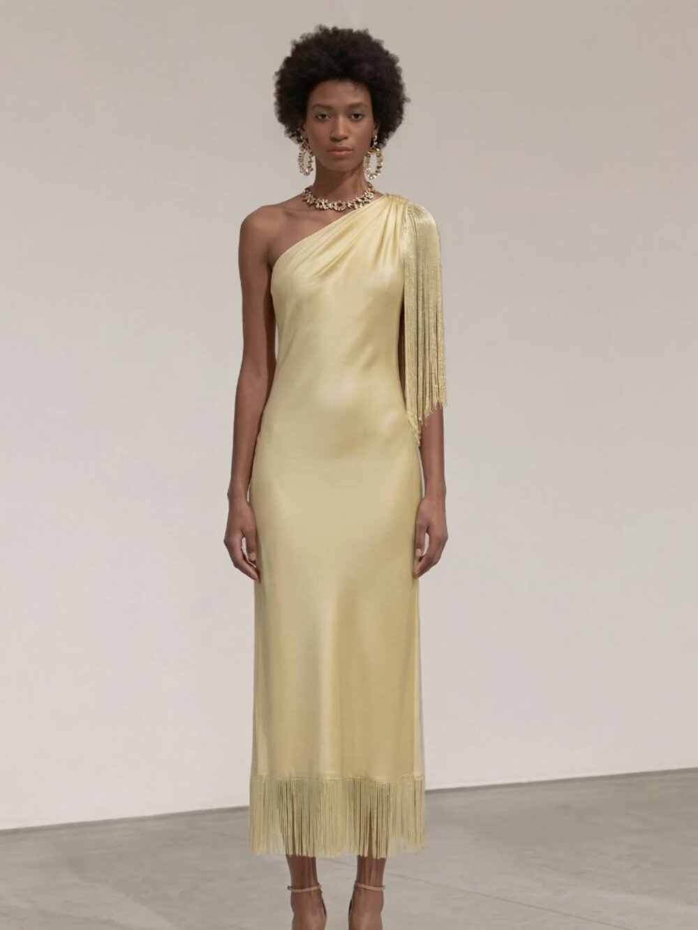 JW PEI One Shoulder Fringe Midi Dress - Champagne